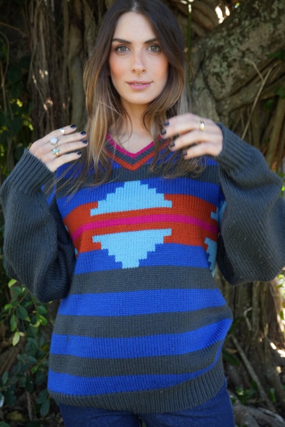 80's Sweater / Intarsia Print / Unisex Boyfriend K