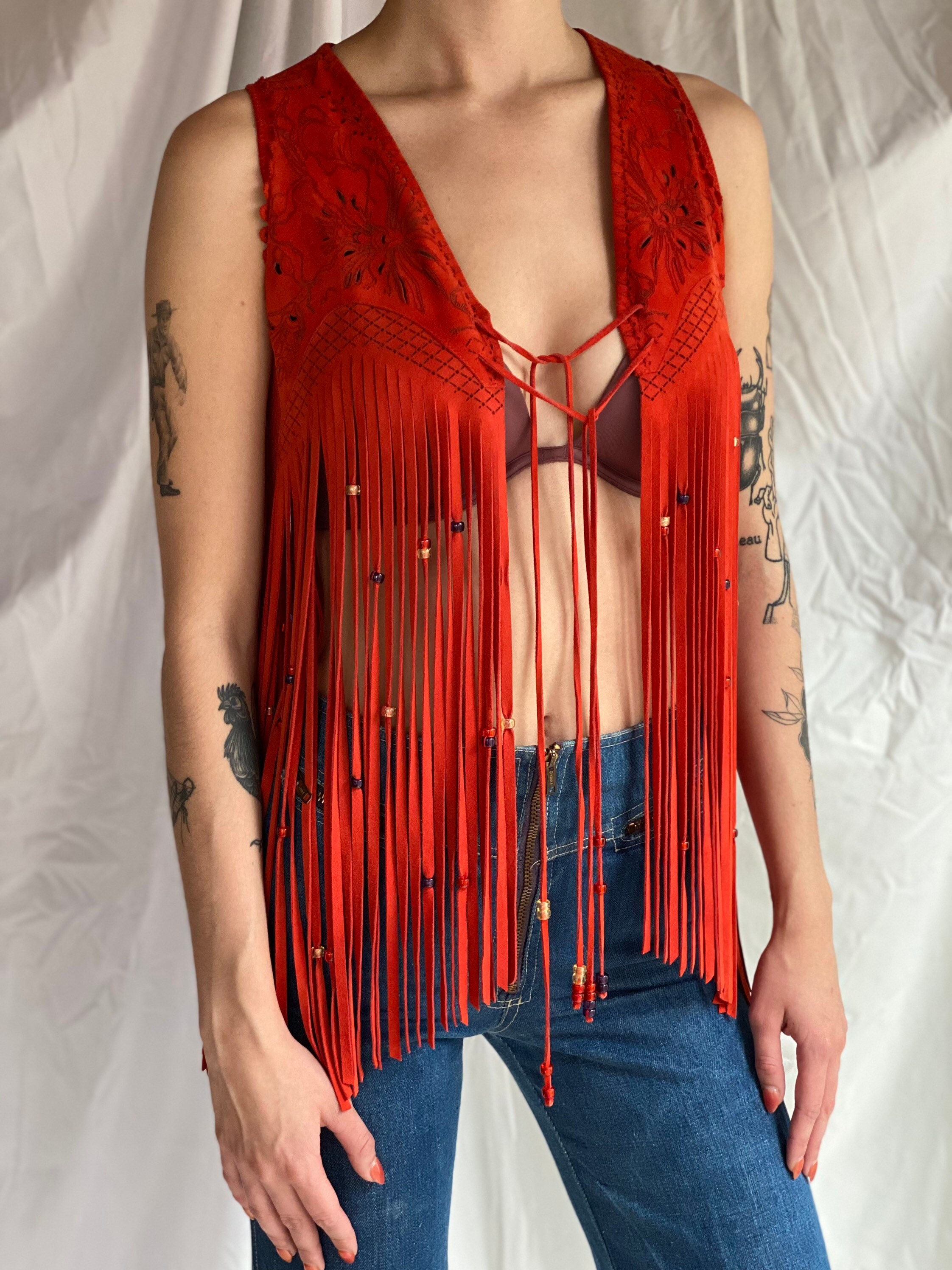 Resort 2017 Roberto Cavalli Leather Fringe Vest / Laser