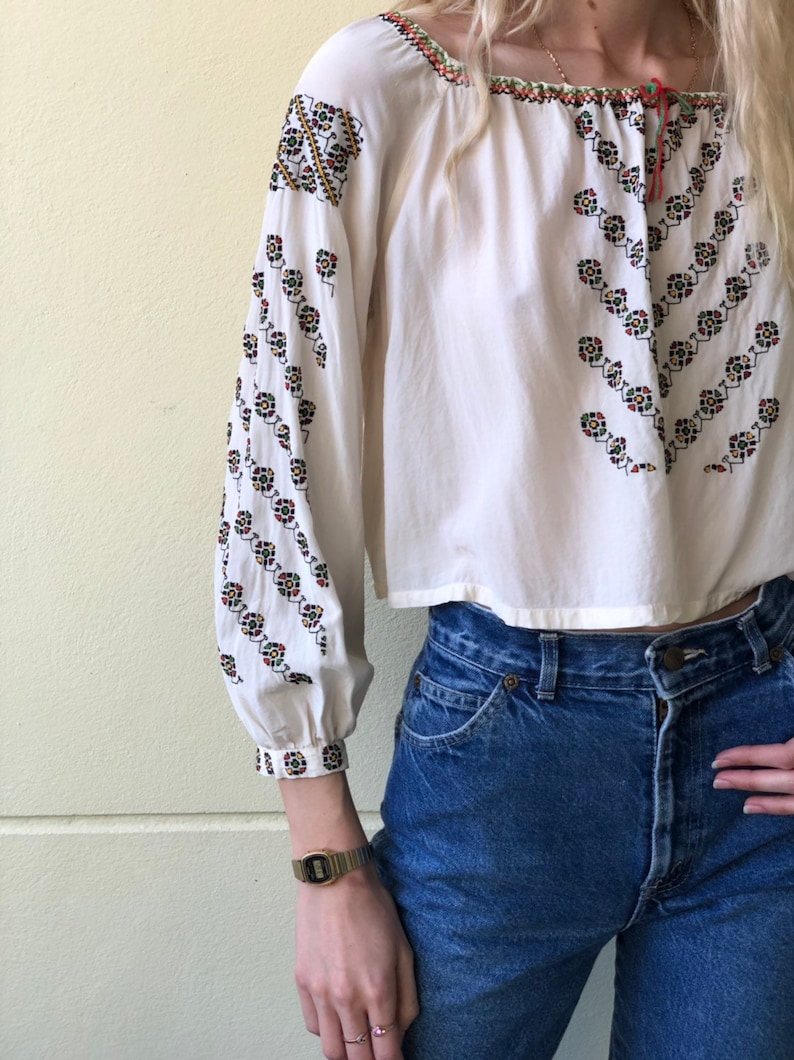 Vintage Embroidered Peasant Blouse Colorful Threading Hungarian Hippie Rayon Blouse Penny Lane Blouse Traditional Russian Embroidery