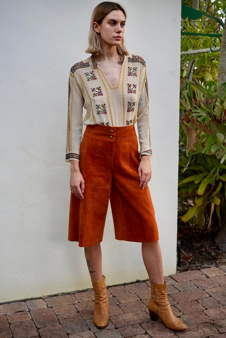 70s Leather Gaucho Pants / Copper Brown Suede Leather Pants / Seventies High Waist Gauchos / High Waist Trousers / High Waters image 5