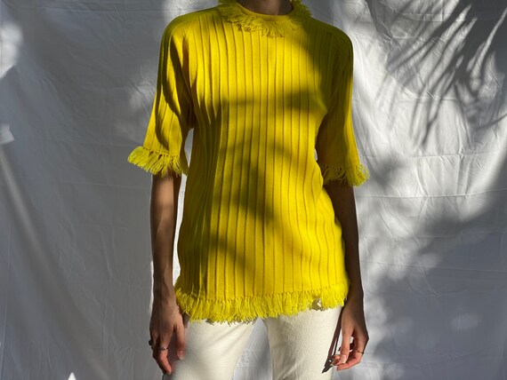 Vintage 60's Sweater / Fringe Knit Top / Mod Mock