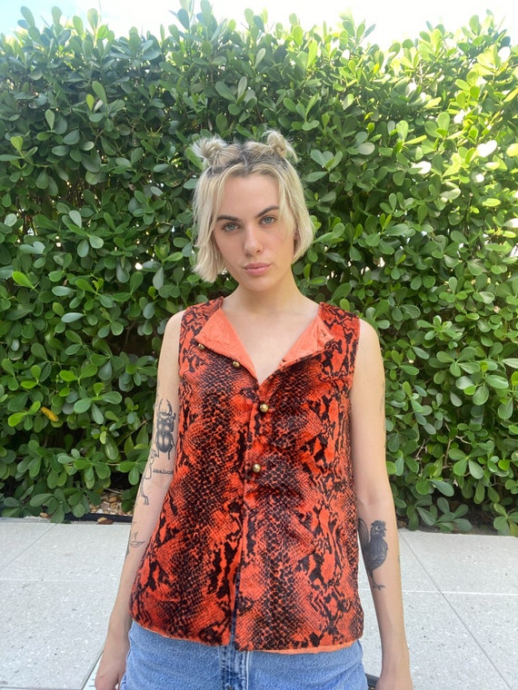 60's Velvet Vest /Reptile Printed Acid Orange Vel… - image 5