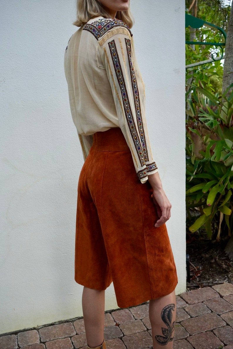 70s Leather Gaucho Pants / Copper Brown Suede Leather Pants / Seventies High Waist Gauchos / High Waist Trousers / High Waters image 7