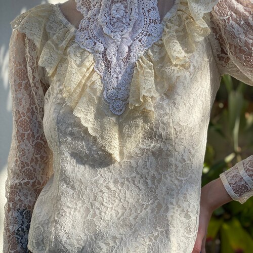 Gunne Sax Blouse / Cream Lace with Crochet Cotton High Neckline / shops 1970's 1980's Cream Top / Sheer Sleeves Victorian Look