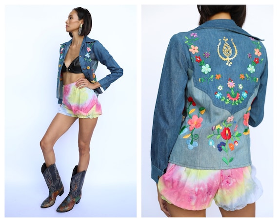 1970's Denim Jacket / Embroidered Floral Patchwork