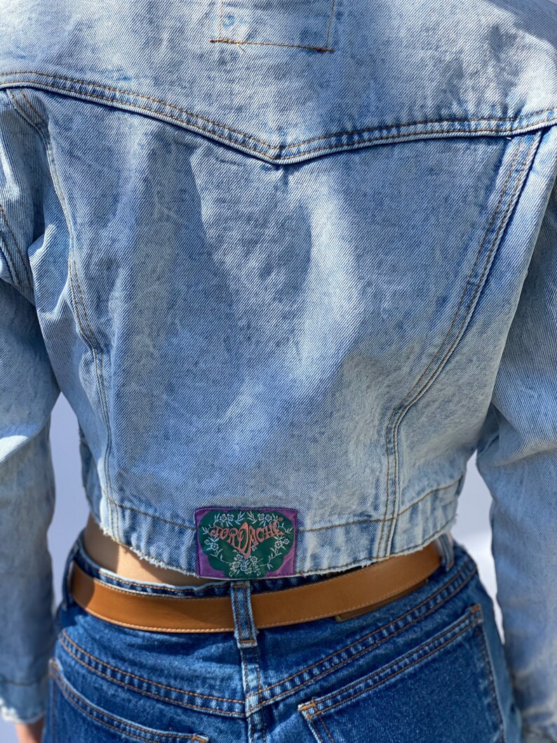 1990's Denim Jacket / Bleached Out Denim / Varsity Jacket / Cropped jean Jacket With Lace / Acid Wash Jean Jacket image 8