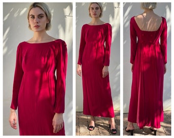 1960s Velvet Maxi Dress / Romeo and Juliet / Velvet Empire Dress / Long Velvet Gown in Hot Pink / Scoop Back Dress