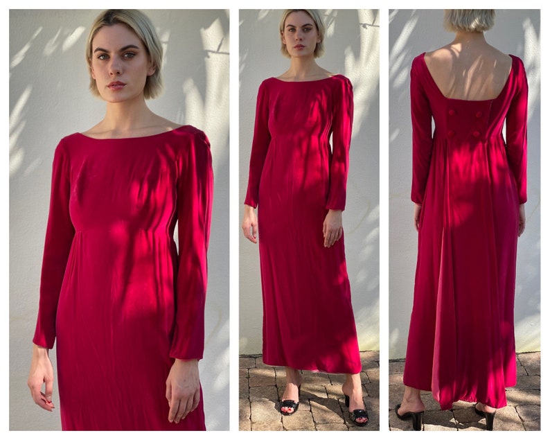 1960s Velvet Maxi Dress / Romeo and Juliet / Velvet Empire Dress / Long Velvet Gown in Hot Pink / Scoop Back Dress image 1