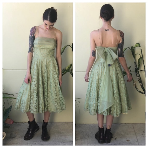 1950's Party Dress / Deadstock Mint Green Lace Tul