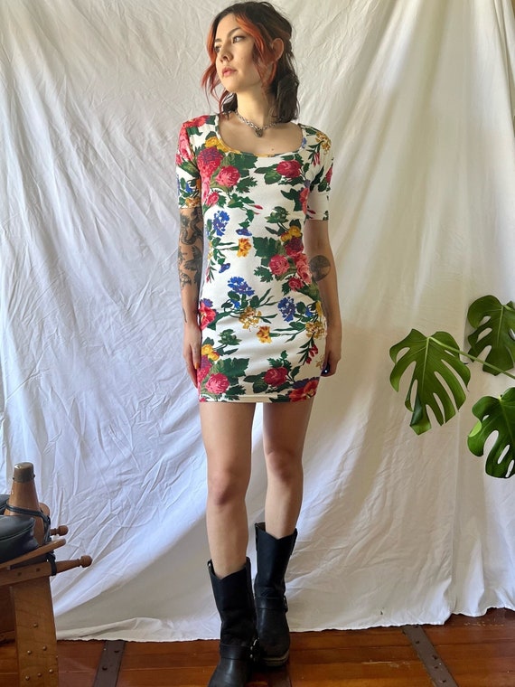 90's Body Con Mini Dress / Vintage Printed and Str
