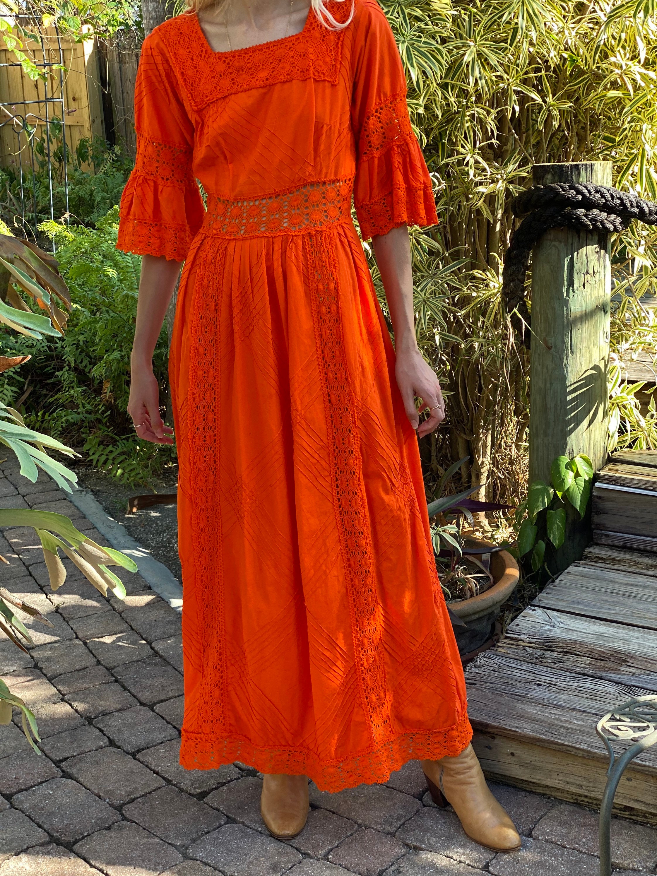 70s Orange Maxi Dress / Mexican Wedding Dress / Haute Hippie | Etsy