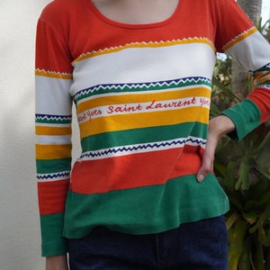 1970's Yves Saint Laurent Long Sleeve Top / Vintage 70's Stripe Jersey Pullover / Orange Green White Yellow Lightweight Shirt / Scoop Neck image 2