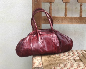 Vintage Snakeskin Purse / 1950's-1960's Top Handle Oxblood Bag / Leather Reptile Purse / Luxe Oxblood Handbag