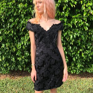 1980s Party Dress/ LBD Beaded Off the Shoulder Cocktail Dress / Scott McClintock / Avant Garde / Satin Embossed Floral / Little Black Dress image 9