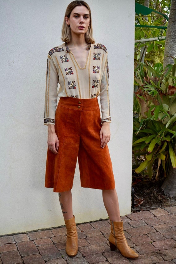 70s Leather Gaucho Pants / Copper Brown Suede Leat