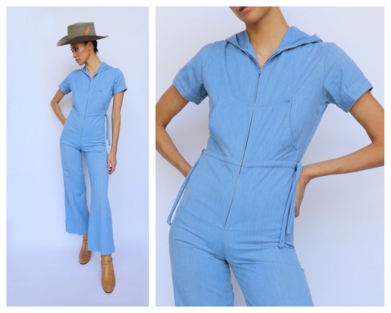 Vintage 70s Jumpsuit / Hooded Denim Onesie / Summe
