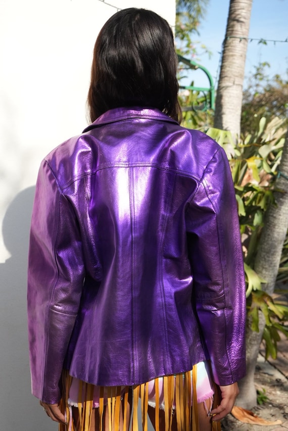 90's Leather Jacket / Nineties Shiny Metallic Pur… - image 8