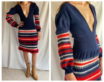 Vintage 70's Sweater Dress / Deep V Neck Sexy Dress / Puffed Sleeves Dress / Vintage Stripe Sweater Dress /Puffy Sleeves