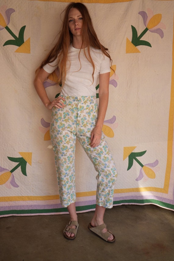 1960s Cotton Pajamas Pants / Floral Printed Cotton