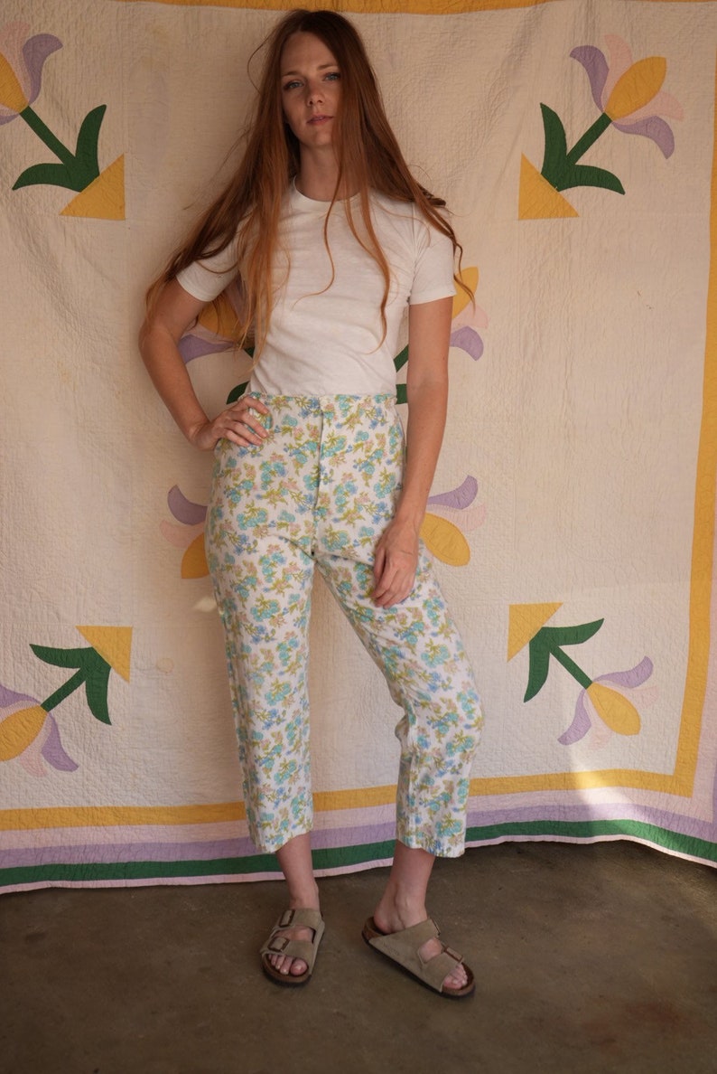 1960s Cotton Pajamas Pants / Floral Printed Cotton / Pj Trousers / Undergarments / Cotton Pajama Loungewear image 1