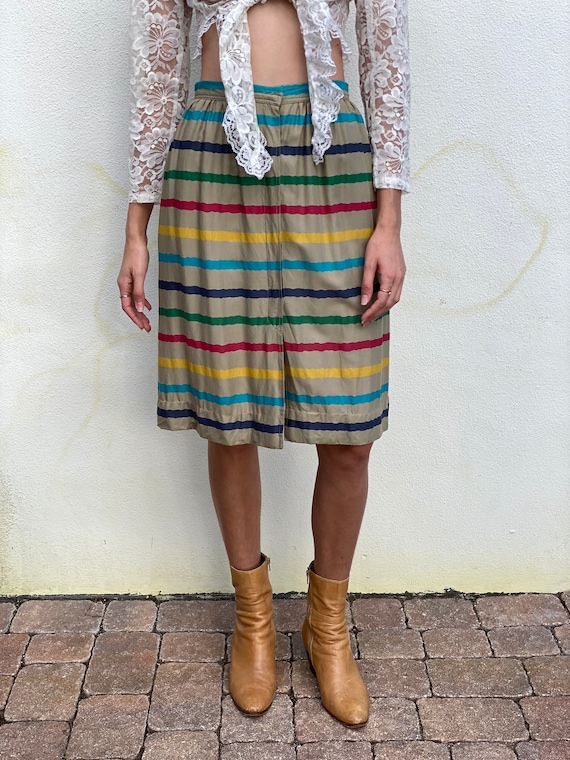 Vintage Cotton Skirt / Stripe Button Front Midi S… - image 4