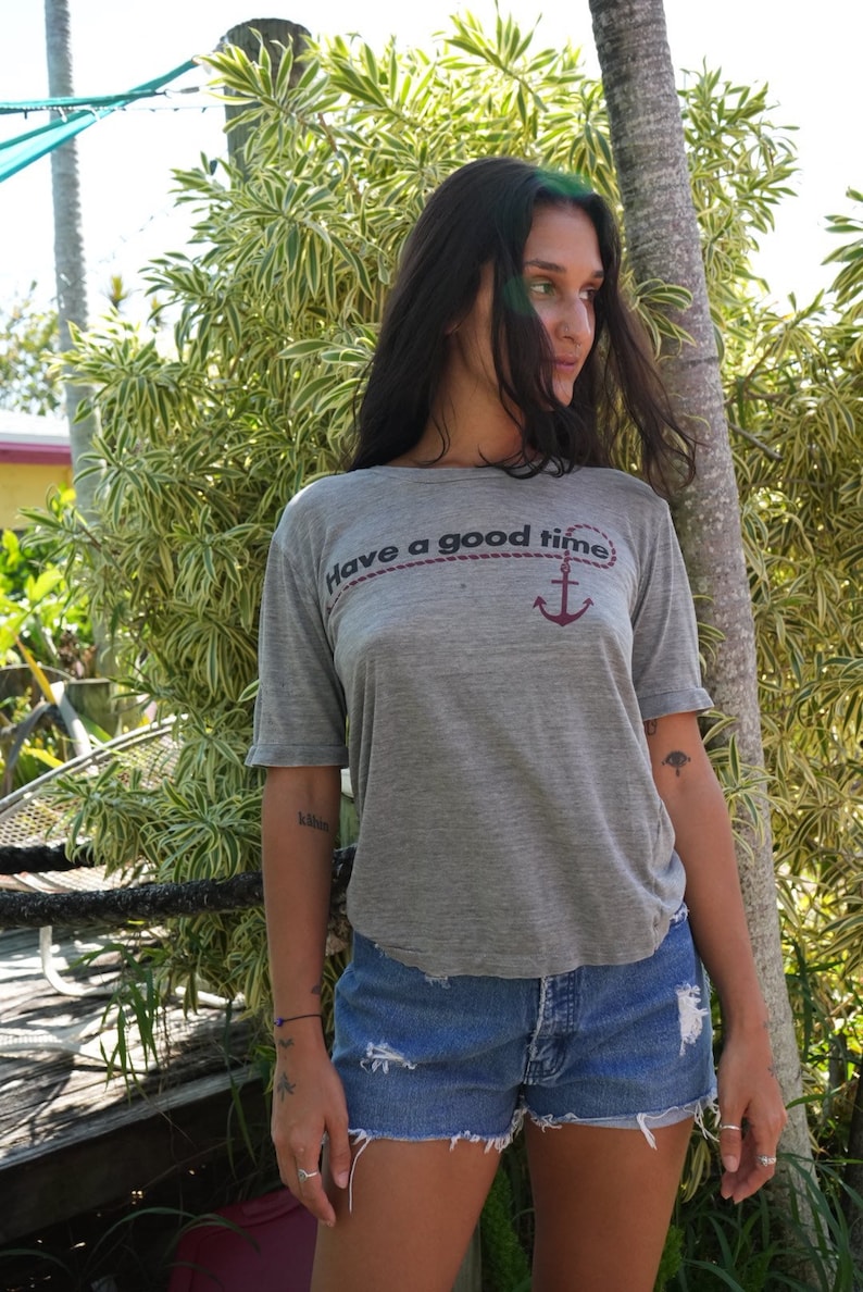 1970's Tshirt / Have a Good Time Sailor top / Super thin and soft T Shirt Tee / 70's Gray tshirt / Unisex / Gender Neutral / Anchor image 1