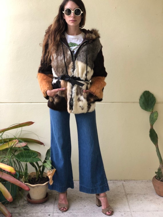 70s Hooded Fur Jacket / Patchwork Multi Colored Ra