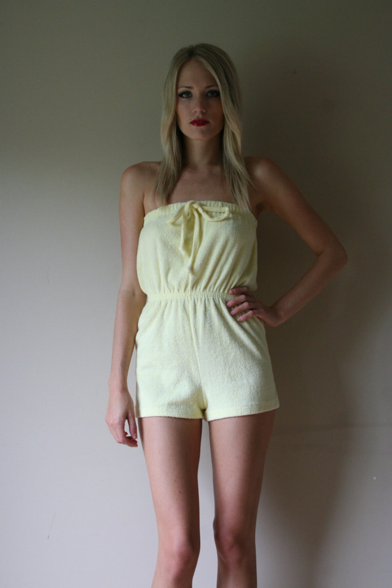 70s Romper Pale Yellow Terry Cloth SUZANNE SOMERS Strapless Etsy