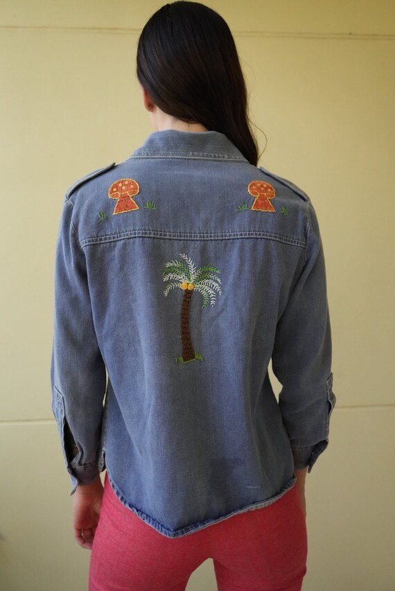 1970's Denim Jacket / Embroidered Floral Mushroom… - image 6