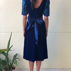 Vintage Velvet Dress / Puffed Sleeve Midi Dress / Blue Crushed Velvet / Haute Hippie Midi Dress / Zig Zag Green and Blue Sequin Dress image 10