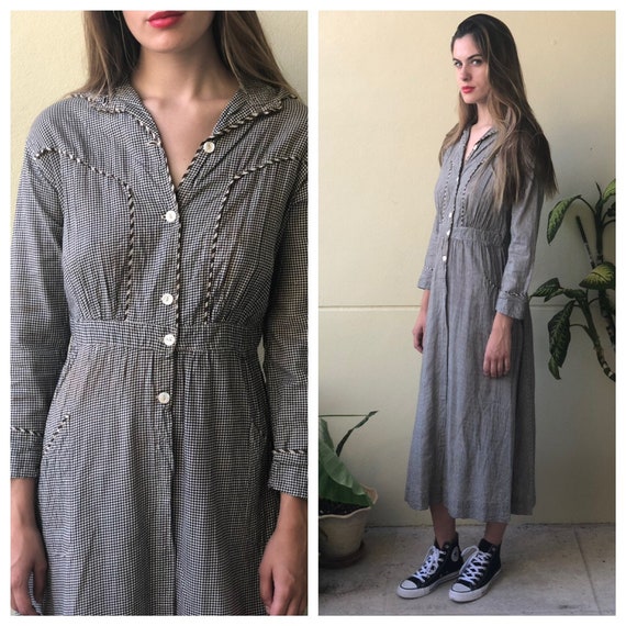 Antique Dress / 1910's Cotton Workwear Dress / Che