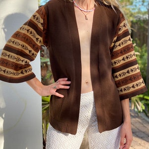 70&#39;s Sweater / Bell Sleeve Sweater Cardigan / Brown Knit Top / Open Sweater / Seventies Boho Sweater / Casual Workwear