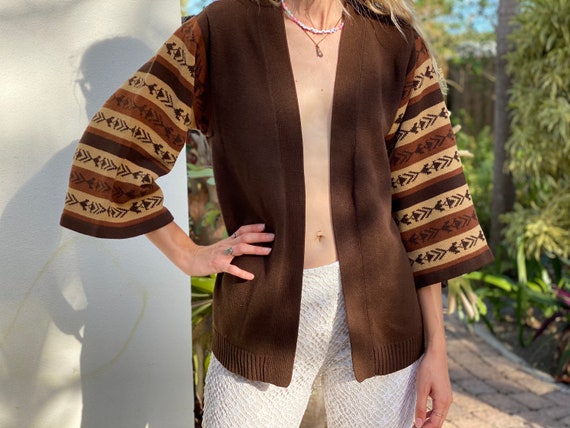 70's Sweater / Bell Sleeve Sweater Cardigan / Brown Knit 