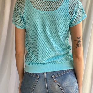 80's Mesh Shirt / Netted Sheer shirt / Mesh Summer Top / See Through Floral Shirt / Beach Cover Up / Aqua Blue Layer Shirt image 5