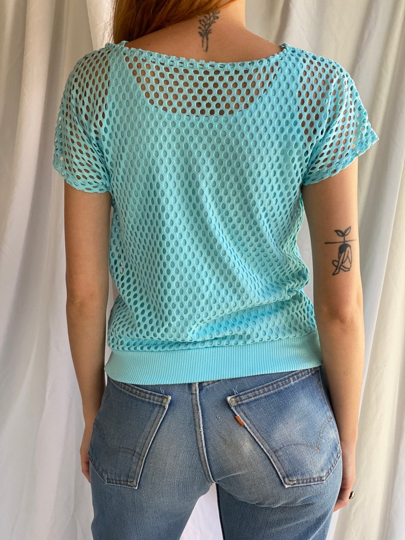 80's Mesh Shirt / Netted Sheer shirt / Mesh Summer Top / See Through Floral Shirt / Beach Cover Up / Aqua Blue Layer Shirt image 5