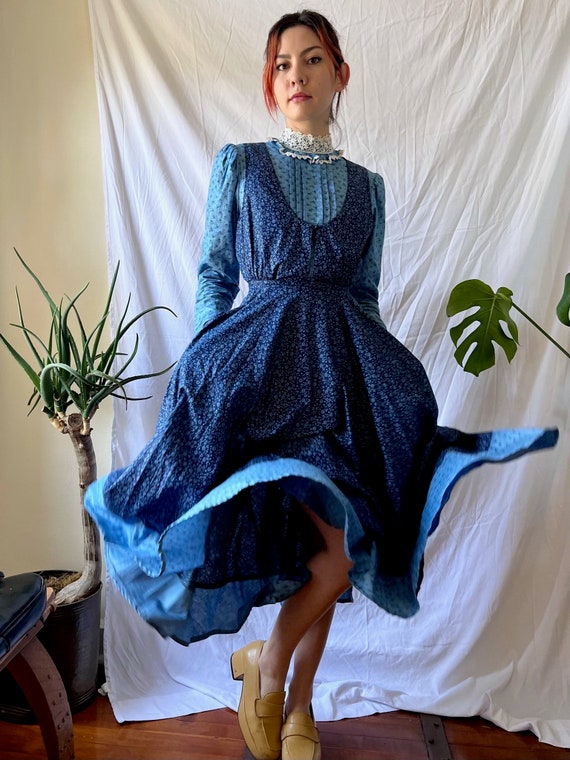 1970's Gunne Sax Cotton Dress / White Lace High Neckl… - Gem