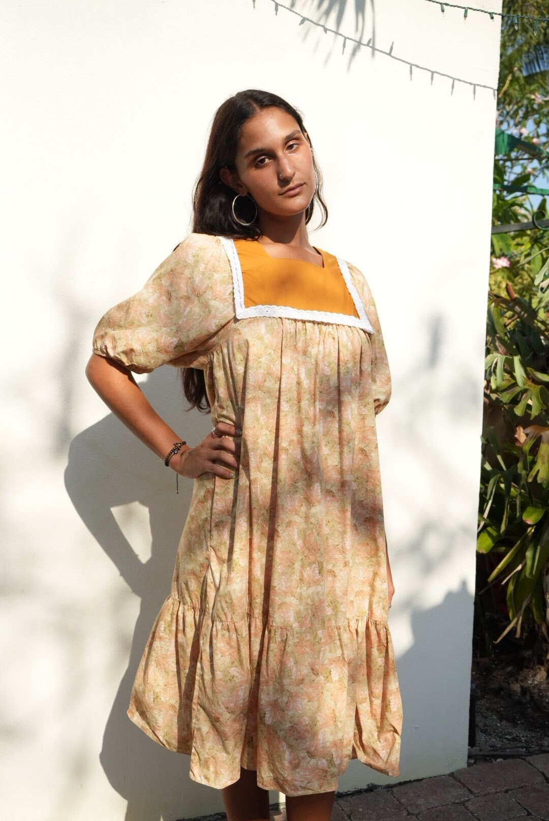 Vintage Fall Foliage Leaf Printed Cotton Dress / Bib Dolly