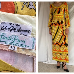1960&#39;s Emilio Pucci Maxi Dress / Italian 60&#39;s Cocktail Dress / Modern Dress / Silk Jersey Evening Gown / Orange and Yellow / Resortwear
