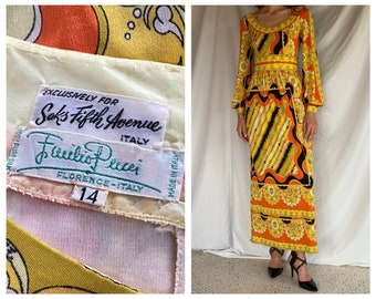 Emilio Pucci maxi-jurk jaren 60 / Italiaanse cocktailjurk jaren 60 / moderne jurk / avondjurk zijden jersey / oranje en geel / vakantiekleding