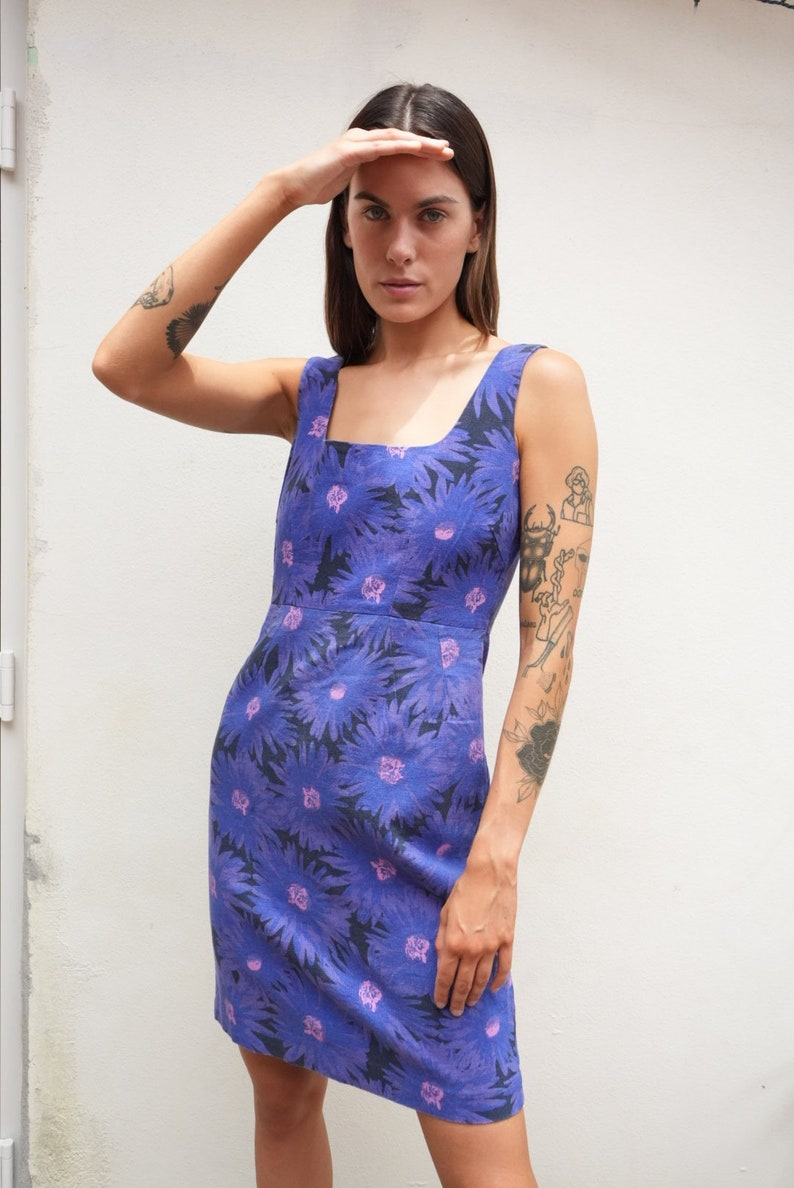 Early Aughts Mini Dress / Floral Linen Mini Dress / 1990's Mini Hourglass Dress image 8