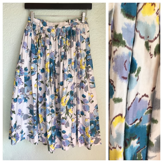 50's Skirt / Cotton Midi Skirt /  Watercolor Flor… - image 2