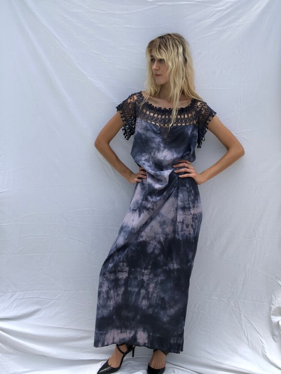 Antique Night Gown Crochet Neckline Haute Hippie Dress Festival Very Old Nightwear Hand Dyed Indigo Blue Dress Etsy