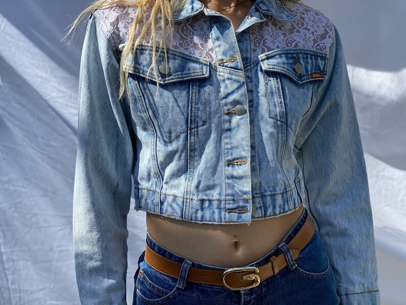 1990's Denim Jacket / Bleached Out Denim / Varsity Jacket / Cropped jean Jacket With Lace / Acid Wash Jean Jacket image 5