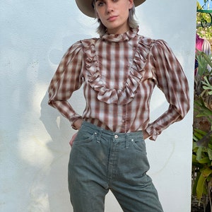 1970's Western Plaid Blouse / Frilly Yoke Western Cotton Shirt / 1970's High Neckline Shirt with Mutton Sleeves image 7