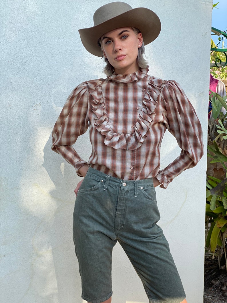 1970's Western Plaid Blouse / Frilly Yoke Western Cotton Shirt / 1970's High Neckline Shirt with Mutton Sleeves image 7