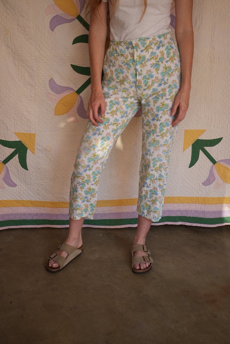 1960s Cotton Pajamas Pants / Floral Printed Cotton / Pj Trousers / Undergarments / Cotton Pajama Loungewear image 5
