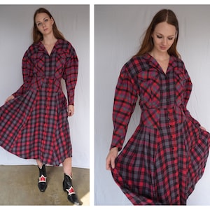 Vintage Cotton Plaid Dress / Vintage Flannel Dress / 80&#39;s Cozy Cotton Nipped Waist Dress / Tartan Plaid Red Dress / Winter Dress