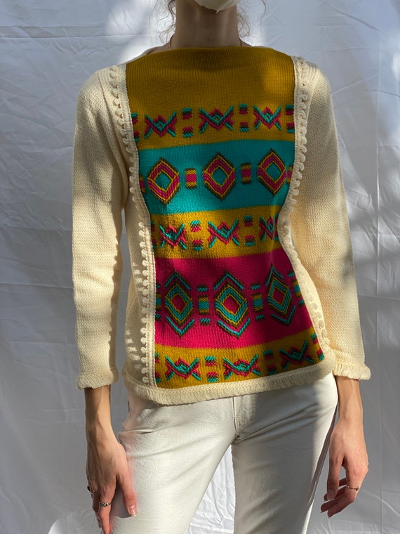 60's Sweater / Cream Wool Hot Pink Aqua Brown Pea… - image 6