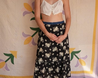 30's Skirt / Cotton Midi Skirt with Feedback Floral Print and Indigo Waistband / Thirties Peasant Cotton Skirt / Summertime Cotton Skirt