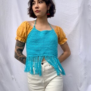 y2k Knit Halter Top / Aqua Blue Cotton Crochet Crop Top / Open Back Summer Top image 5